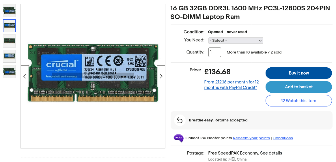 eBay listing for a single module of 16GB DDR3L RAM with a price of 136.68 GBP.