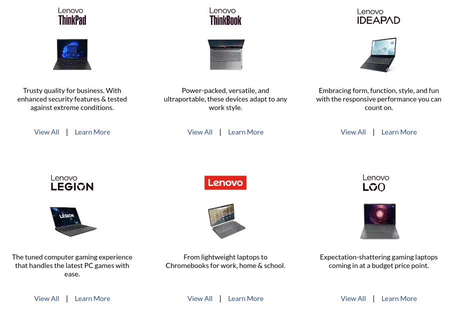 Collage of various laptop brands available from Lenovo, including  the ThinkPad, IdeaPad, and Yoga series.