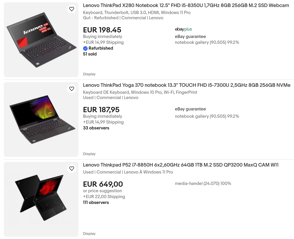 Three eBay listings of secondhand Lenovo ThinkPad laptops.